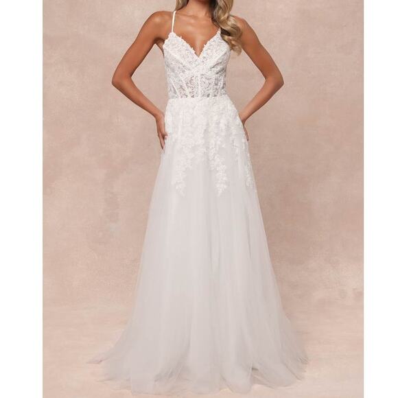 Lulus Bridal NWT Glorious Luxury White Sheer Tulle Embroidered Beaded Maxi Gown - Picture 2 of 10